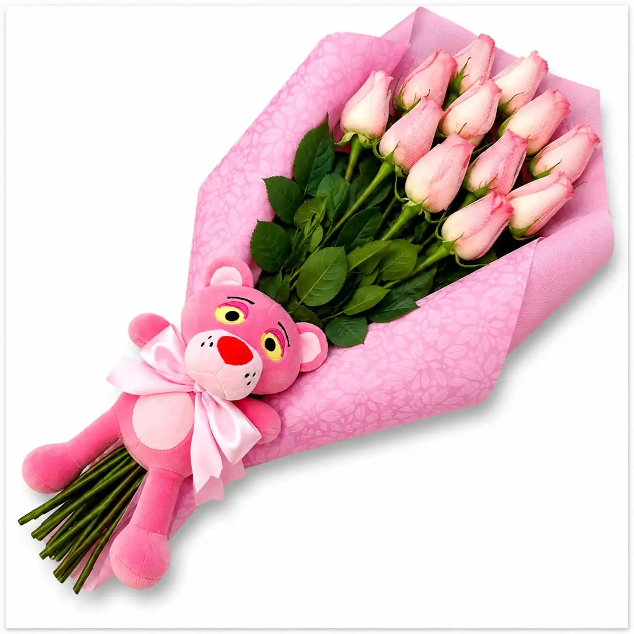 ramo de rosas rosadas con peluche Pantera Rosa para regalar con delivery de flores en Lima